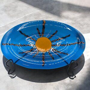 Handcrafted Blue & Yellow Art Glass Sun Decorative Oval Platter Hand Painted